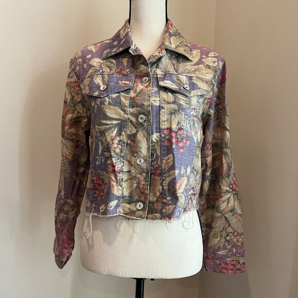 Vintage 90s Distressed Floral Pale Lavender Purple Lightweight Jean Jacket Sz S - Picture 2 of 8
